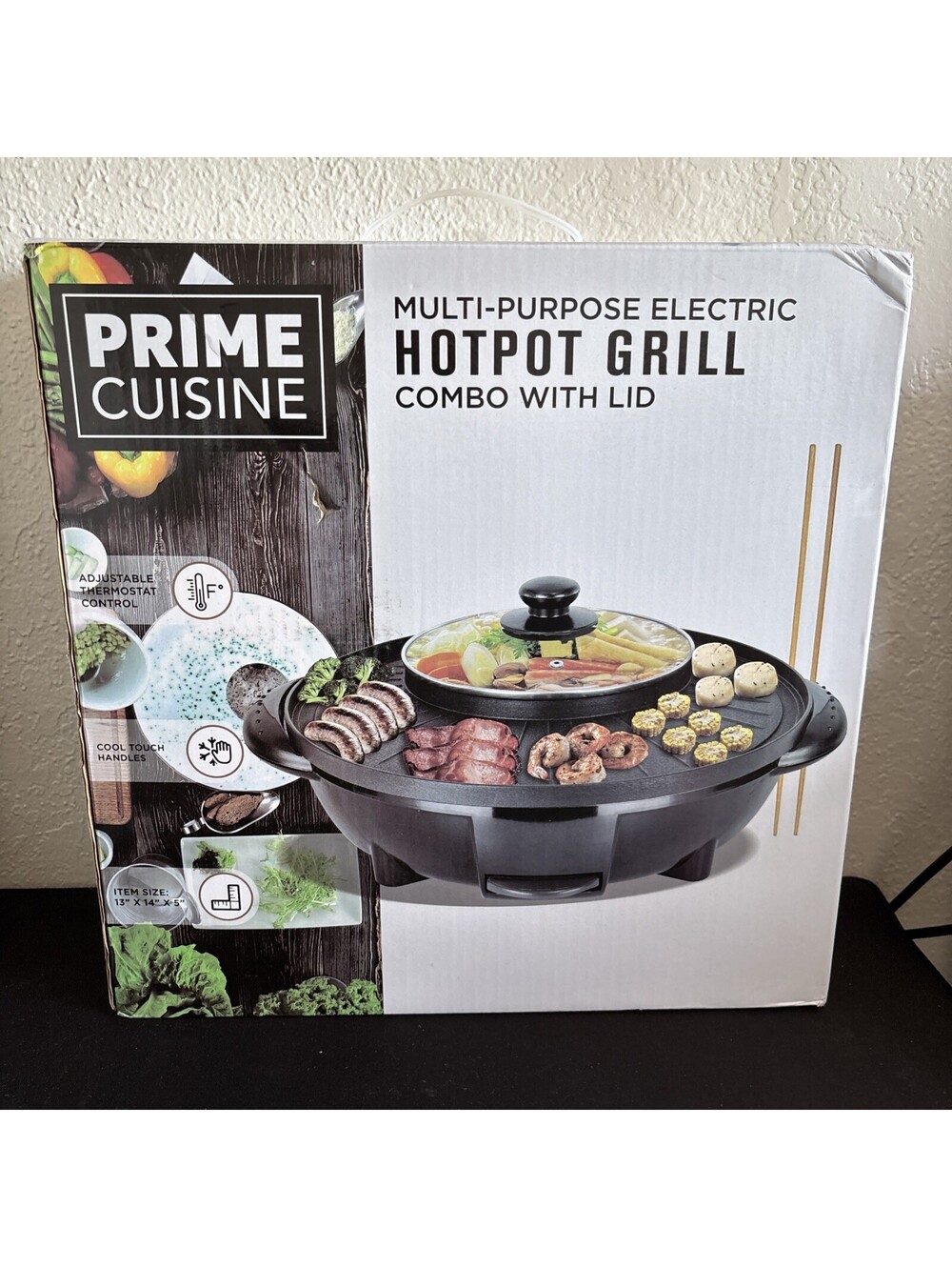 Prime Cuisine Electric Hotpot Grill Combo Multi-Purpose Tabletop Cooker with Lid